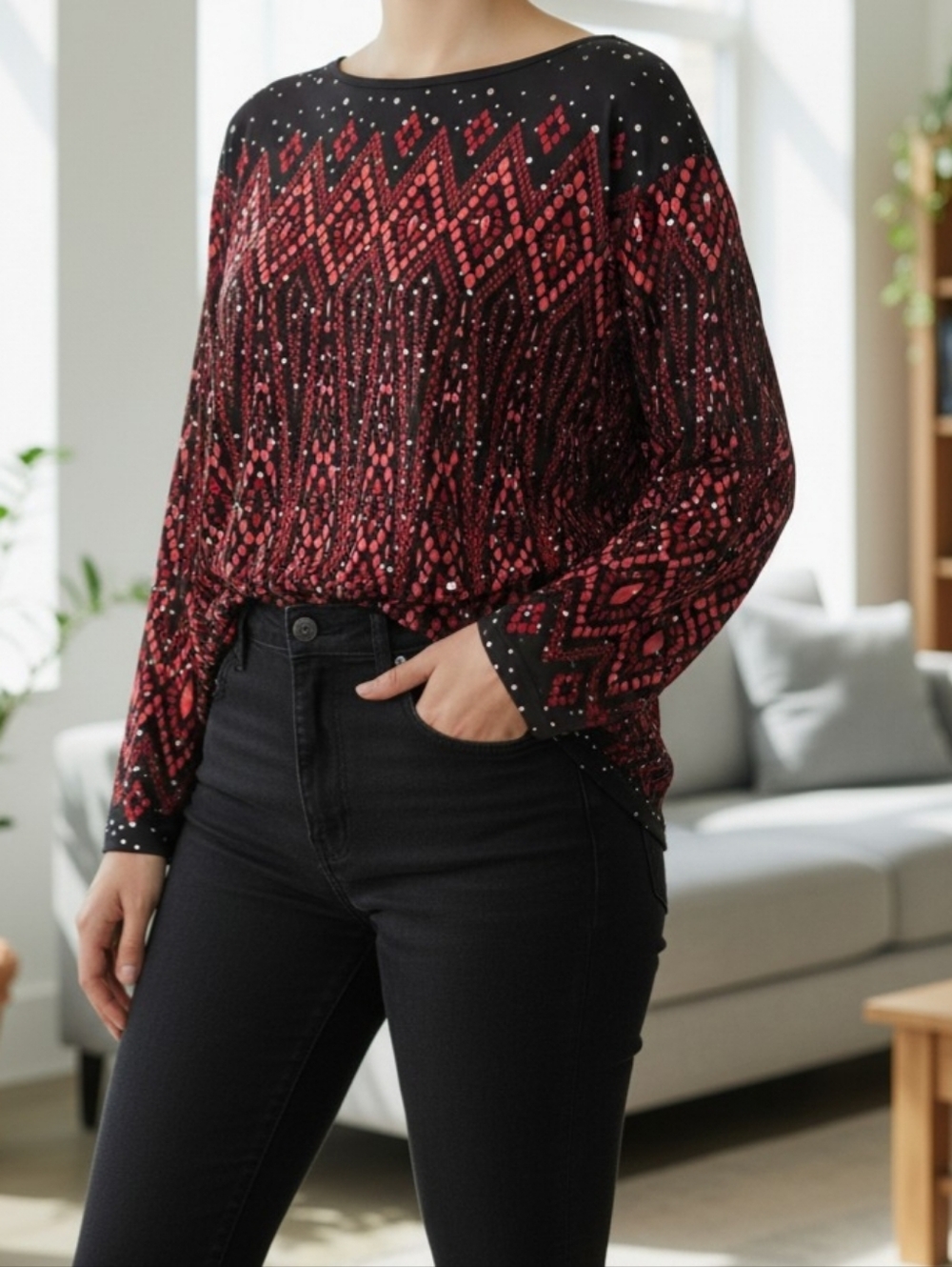 Bob Mackie Sequined Wearable Art 3/4 Sleeve Blouse in Black and Pink M - Picture 4 of 4